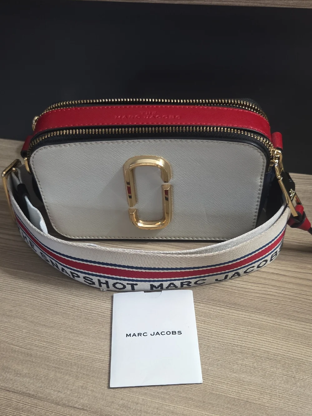 Marc Jacobs Two-Tone White and Red Snapshot Crossbody with Striped Strap - Picture 1 of 4